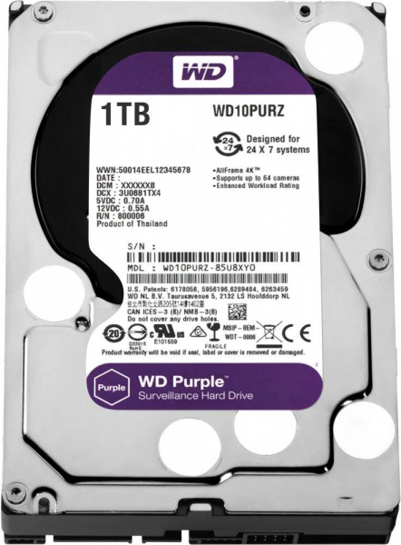 Жесткий диск 1Tb Western Digital WD10PURZ Purple, SATA III <5400rpm, 64Mb> 3.5
